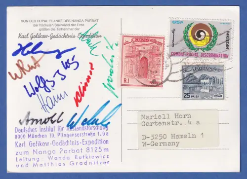 Postkarte Nanga Parbat Golikow-Expedition 1976 mit 9 Bergsteiger-Autogrammen