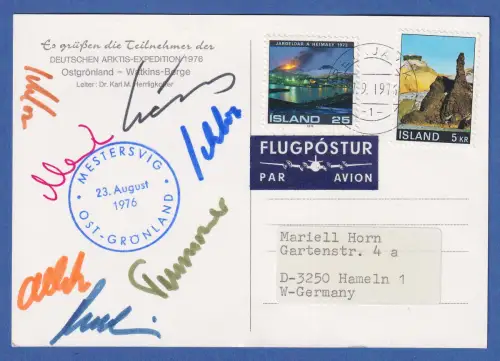 Postkarte 1976 Dt. Arktis Expedition Grönland Watkins-Berge 6 Bergsteiger-Autogr