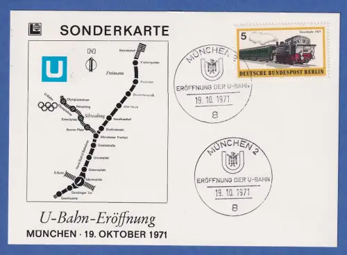 Postkarte 18.10.1971 U-Bahn-Eröffnung in München mit Sonderstempel, Streckenplan