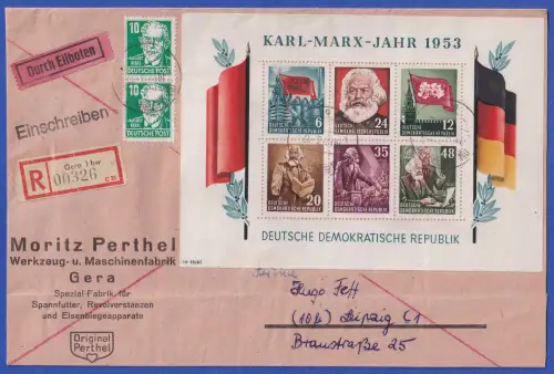 DDR 1953 Karl-Marx-Jahr Mi.-Nr. Block 8A u.a. auf Eil-R-Brief O GERA