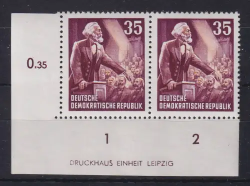 DDR 1953 Karl Marx Mi.-Nr. 350YI DZ Eckrandpaar mit Druckereizeichen **