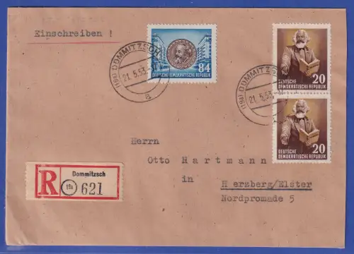 DDR 1953 Karl Marx Mi.-Nr. 348 (Paar) und 353 auf R-Brief O DOMMITZSCH