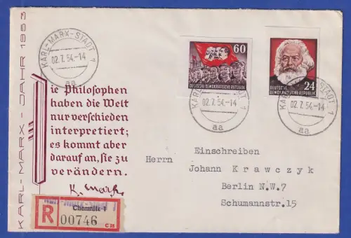 DDR 1953 Karl Marx Mi.-Nr. 389 und 394 B auf R-Brief O KARL-MARX-STADT