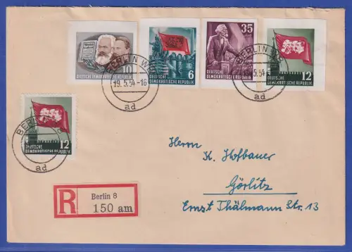 DDR 1953 Karl Marx Mi.-Nr. 386, 387, 390, 392 B auf R-Brief O BERLIN