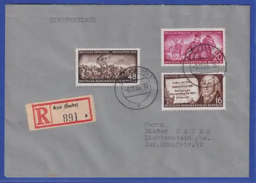 DDR 1953 Deutsche Patrioten Mi.-Nr. 399, 400, 403 auf R-Brief O AUE