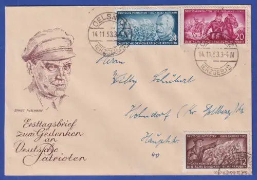 DDR 1953 Deutsche Patrioten Mi.-Nr. 398, 400, 401 auf Brief O OELSNITZ