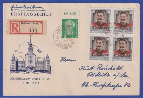 DDR 1954 Stalin Mi.-Nr. 425 Viererblock mit 322 OR auf R-FDC O OELSNITZ