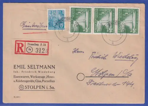 DDR 1954 Hochwassergeschädigte Mi.-Nr.431 3er-Streifen u.a. a. R-Brief O DRESDEN