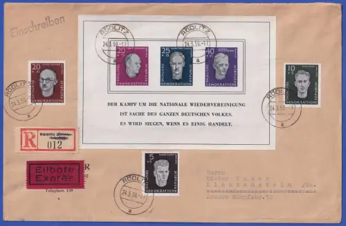 DDR 1958  Mi.-Nr. Block 15 mit 635, 636, 638 auf Eil-R-Brief O RÖDLITZ 24.3.59