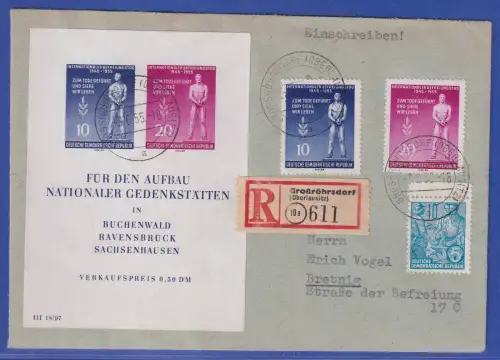 DDR 1955 Gedenkstätten Mi.-Nr. Block 11 u.a. auf R-Brief O GROẞRÖHRSDORF