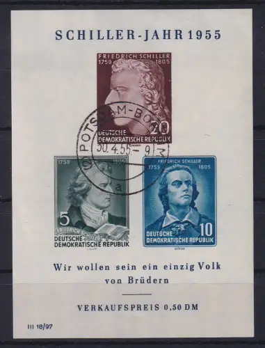 DDR 1955 Schiller-Jahr Mi.-Nr. Block 12 IV mit Plattenfehler Ersttags-O POTSDAM