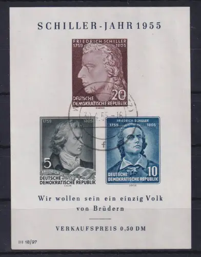 DDR 1955 Schiller-Jahr Mi.-Nr. Block 12 X I mit Ersttags-O WAREN (MÜRITZ)
