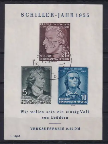 DDR 1955 Schiller-Jahr Mi.-Nr. Block 12 X I gestempelt