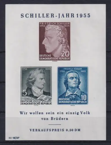 DDR 1955 Schiller-Jahr Mi.-Nr. Block 12 X II postfrisch **