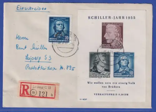 DDR 1955 Schiller-Jahr Mi.-Nr. Block 12 mit 465A auf R-FDC O LEIPZIG