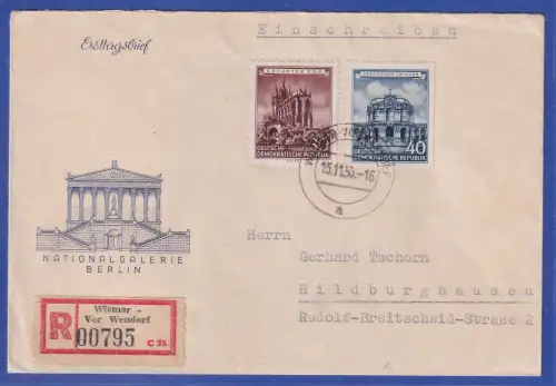 DDR 1955 Wiederhergestellte Bauwerke Mi.-Nr. 495 und 496 auf R-Brief O WISMAR