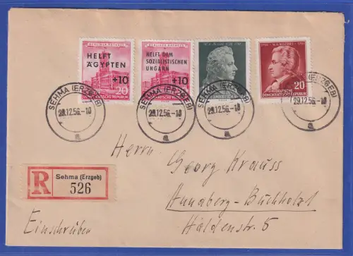 DDR 1956 W. A. Mozart Mi.-Nr. 510-511 u.a. auf R-Brief O SEHMA (ERZGEB)