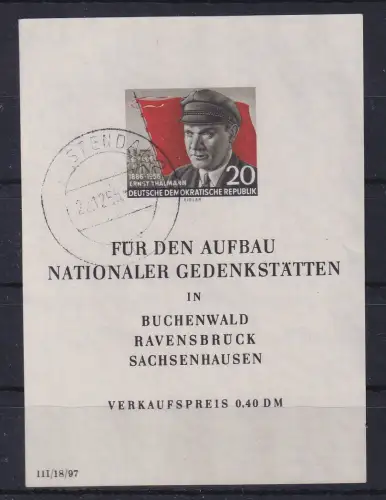 DDR 1956 Gedenkstätten Thälmann Mi.-Nr. Block 14 O STENDAL