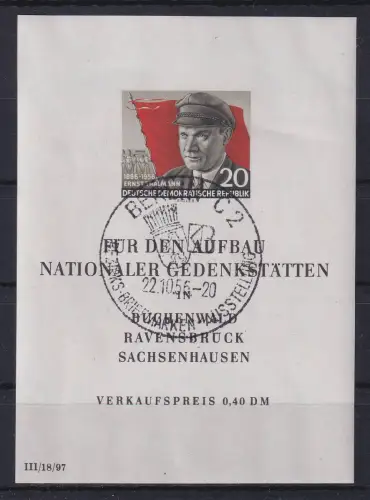DDR 1956 Gedenkstätten Thälmann Mi.-Nr. Block 14 mit So.-O BERLIN