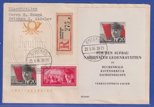 DDR 1956 Gedenkstätten Thälmann Mi.-Nr. Block 14 u.a. a. R-FDC O ZWICKAU 25.5.56