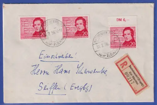 DDR 1956 Mi.-Nr. 405 DV und 529 (3mal) auf R-Brief O DEUTSCHNEUDORF