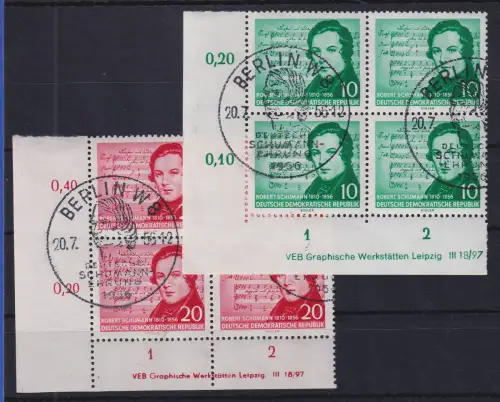 DDR 1956 Robert Schumann Mi.-Nr. 528-529 DV je Eckrandviererblocks So.-O BERLIN