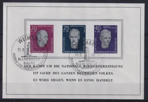 DDR 1958 Einweihung Buchenwald Mi.-Nr. Block 15 m. Ersttags-So.-O WEIMAR 15.9.58