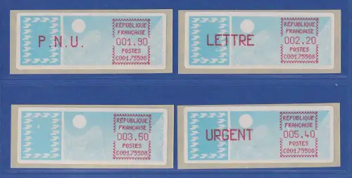 Frankreich ATM Taube C001.75508 Paris 08 Satz 7.Tarif spitze Ecken lilarot **