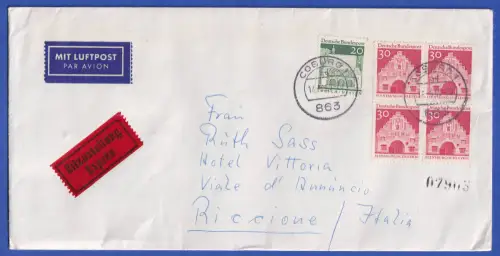 Bund Mi.-Nr. 491, 493 4-erblock als MiF auf LP-Eilbrief n. Italien O COBURG 1969