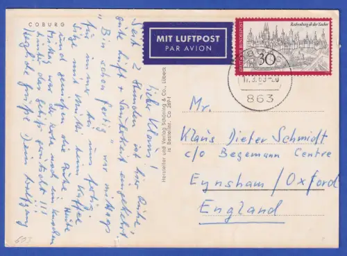 Bund Rothenburg o.T. Mi.-Nr. 603 als EF auf LP-AK O COBURG 1969 nach GB