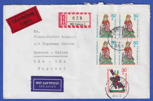 Bund 1970 Minnesänger Mi.-Nr. 614, 615 Viererblock auf LP-Brief O COBURG nach GB