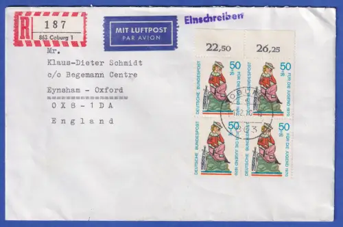 Bund 1970 Mi.-Nr. 615 Oberrandviererblock als MEF a. LP-R-Brief O COBURG nach GB