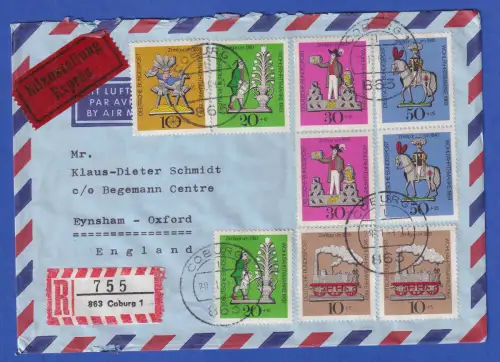 Bund 1969 Mi.-Nr. 604-607 und 610 in MiF auf LP-R-Eilbrief O COBURG nach GB