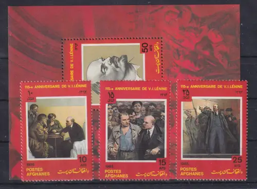 Afghanistan 1985 Lenin Mi.-Nr. 1395-1397 3 Werte + Block 77 ** / MNH