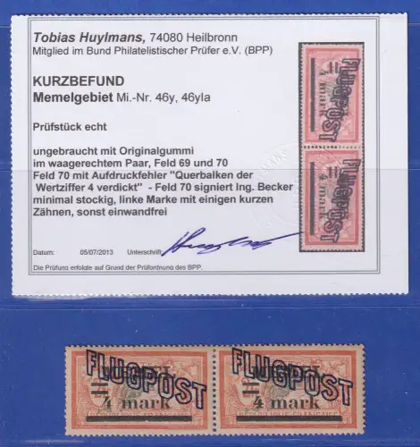 Memelgebiet 1921 Flugpost Mi.-Nr. 46y, 46yIa im Paar ungebr. * KB HUYLMANS BPP