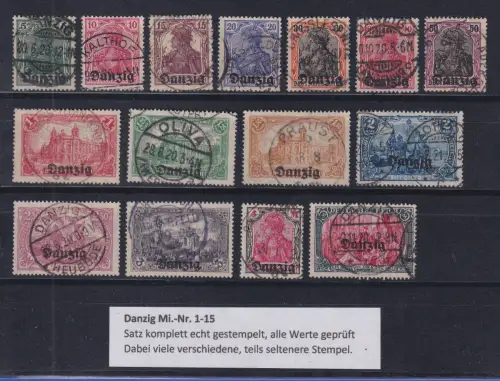 Danzig 1920 Berliner Aufdruck Mi.-Nr. 1-15 Satz kpl. gestempelt BPP-gpr.