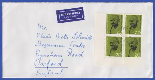Bund Mi.-Nr. 608 Gandhi ER-Viererblock als MEF auf Brief nach GB , O COBURG 1969