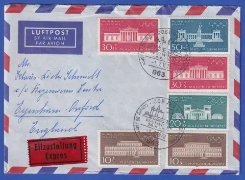Bund 1970 Olympiade Mi.-Nr. 624-627 als MiF auf portoger. LP-Eilbrief nach GB