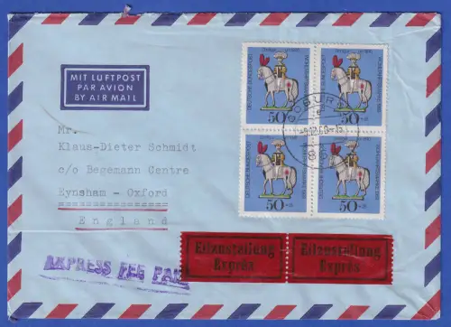 Bund 1969 Wohlfahrt Mi.-Nr. 607 Viererblock LP-Eilbrief von Coburg nach GB