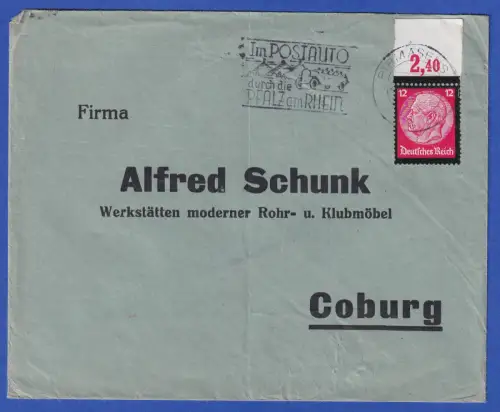 Dt. Reich 1934 Hindenburg 12 Pfg. Mi.-Nr. 552 Oberrandstück a. Brief O PIRMASENS