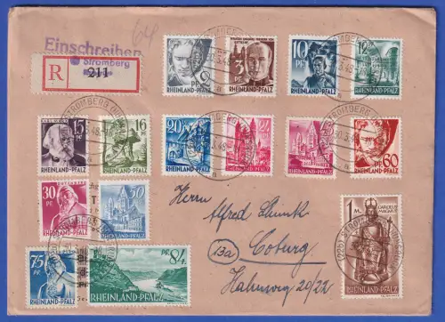 Franz. Zone Rheinland-Pfalz 1947/48 Mi.-Nr.1-15 a. R-Brief O STROMBERG n. Coburg