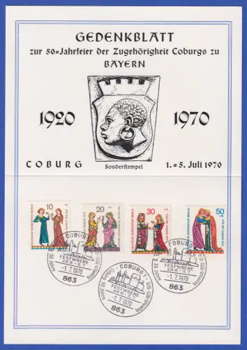 Berlin 1970 Minnesänger Mi.-Nr. 354-357 auf Gedenkblatt So.-O Festwoche COBURG