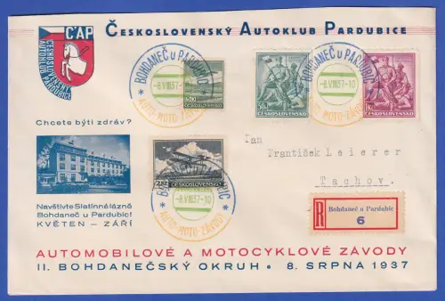 Tschechoslowakei 1937 Sammler-R-Brief zum Autorennen Bohdaneč dreifarbiger So.-O