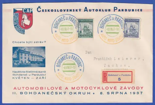 Tschechoslowakei 1937 Sammler-R-Brief vom Autorennen Bohdaneč dreifarbiger So.-O