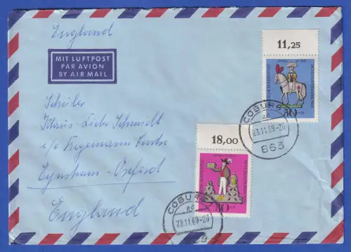 Bund 1969 Wohlfahrt Mi.-Nr. 606, 607 Oberrandstücke auf LP-Brief nach GB