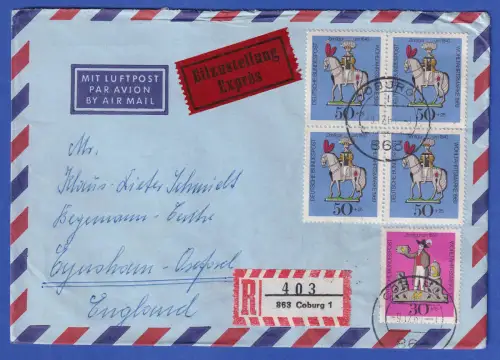 Bund 1969 Wohlfahrt Mi.-Nr. 606, 607 Viererblock auf LP-Eilbrief nach GB