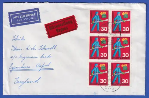 Bund 1970 Feuerwehr Mi.-Nr. 632 Sechserblock auf portoger. LP-Eilbrief nach GB