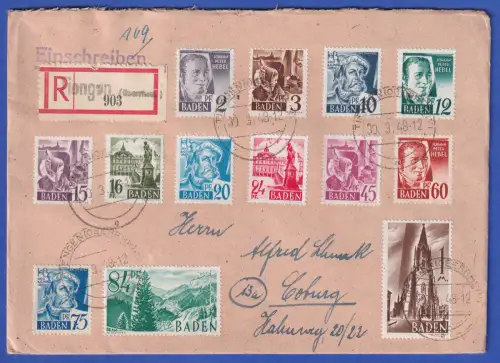 Franz. Zone Baden 1947 Mi.-Nr. 1-13 auf R-Brief O TIENGEN nach Coburg 30.3.48