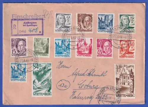 Franz. Zone Württemberg 1947/48 Mi.-Nr. 1-13 auf R-Brief O ALDINGEN nach Coburg