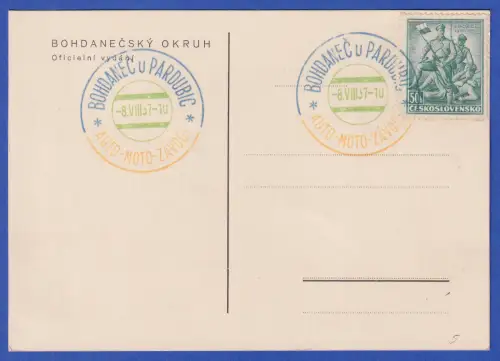 Tschechoslowakei 1937 Postkarte zum Autorennen Bohdaneč mit dreifarbigem So.-O
